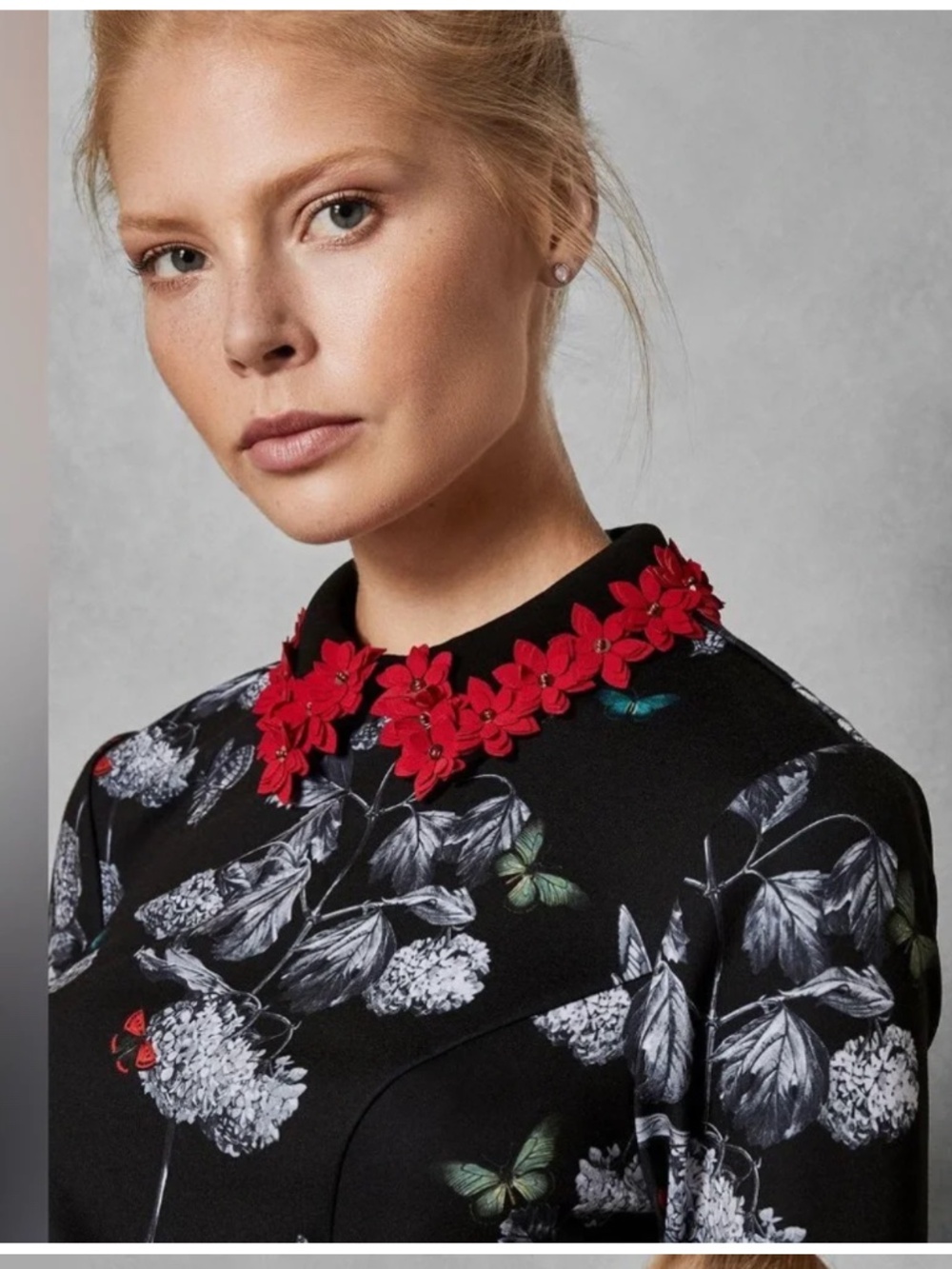 Ted Baker London Floral Butterfly Dress with 3D Red Collar – Size 5 (US 12-14)